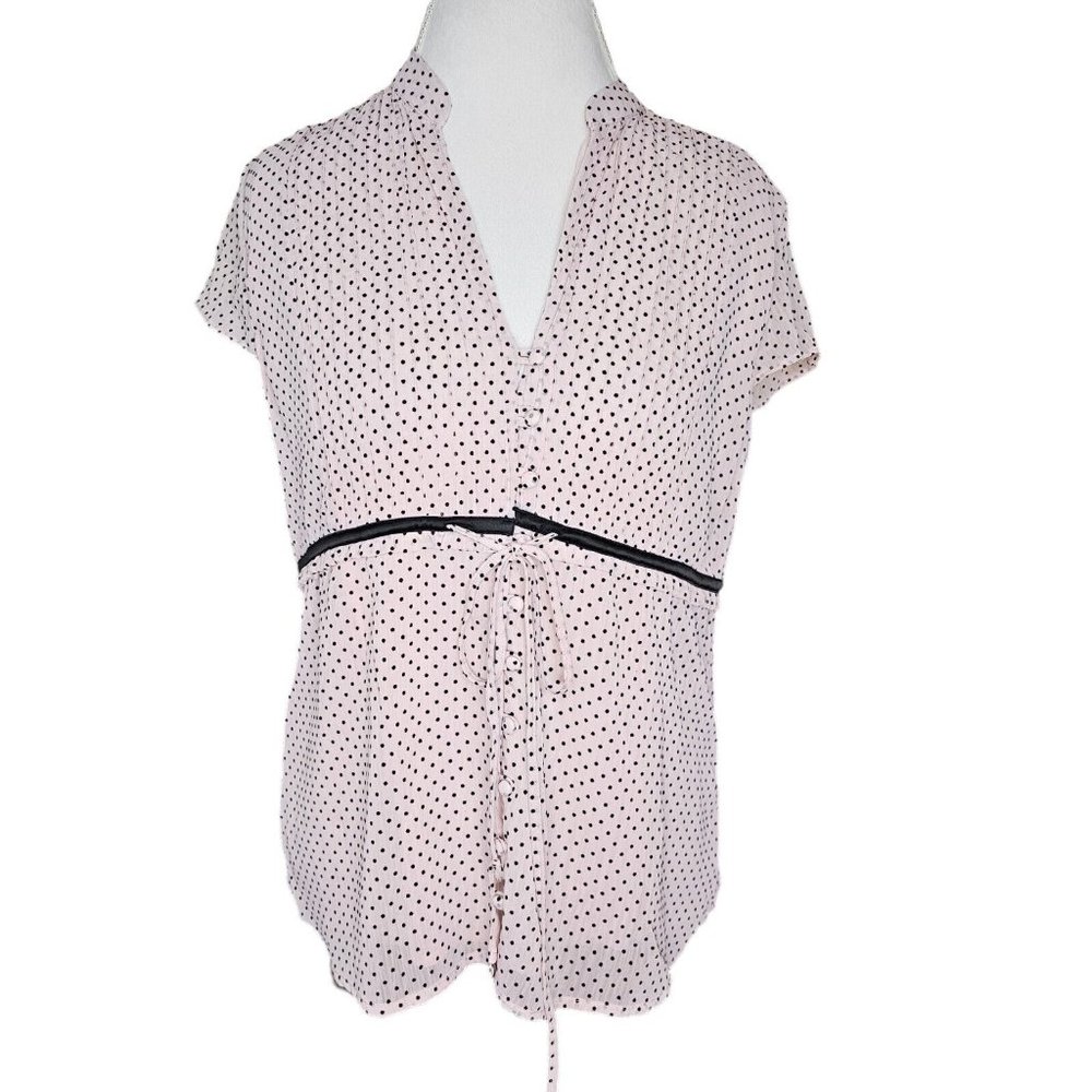 Y2K Large Light Pink Chirron Swiss Dot Blouse Pontuck Pleats‎ Sheer Cap Sleeve